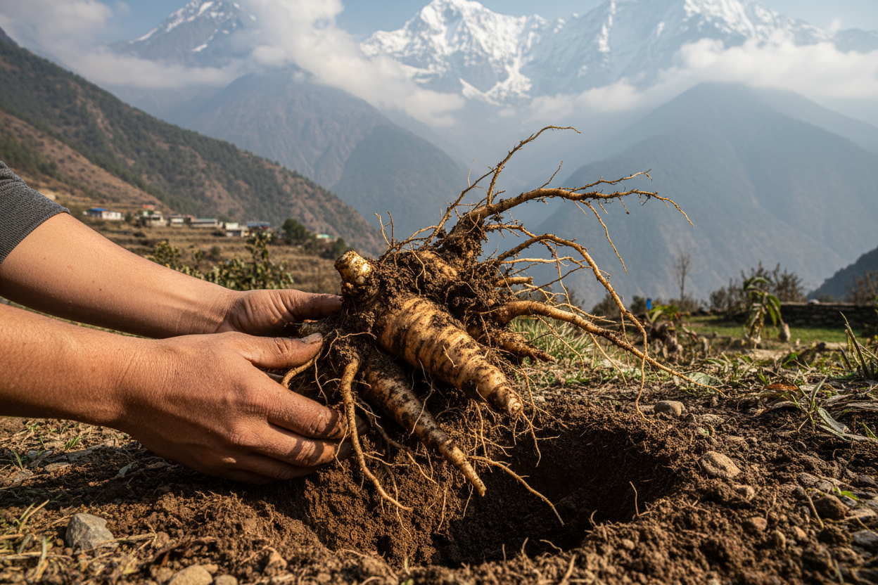 Ashwagandha root taken out of soil in the himalayan range